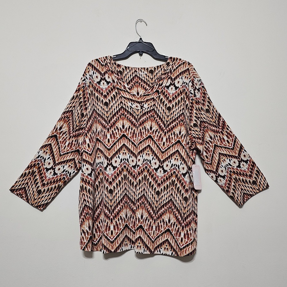 Allison Daley Women Top Blouse Plus 3X Brown Multicolor V-neck Long Sleeve 0941‎